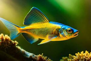 uma peixe com azul e amarelo barbatanas natação dentro a aquário. gerado por IA foto