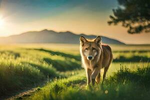 uma solitário Lobo caminhando através uma gramíneo campo às pôr do sol. gerado por IA foto