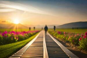 uma homem caminhando ao longo uma de madeira rastrear dentro frente do uma campo do flores gerado por IA foto