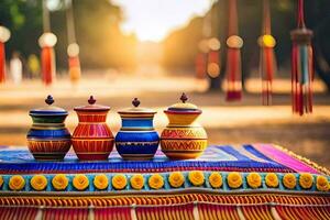 três colorida panelas sentado em uma mesa com uma Sol dentro a fundo. gerado por IA foto