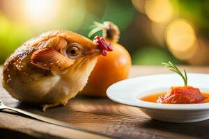 uma frango com uma tomate em Está cabeça. gerado por IA foto