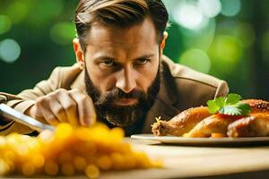 uma homem com uma barba e uma Jaqueta é comendo uma frango. gerado por IA foto