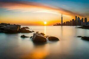 a Sol conjuntos sobre a cidade Horizonte dentro toronto. gerado por IA foto