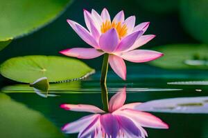 uma Rosa lótus flor é refletido dentro a água. gerado por IA foto