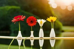 cinco flores dentro vasos em uma de madeira borda. gerado por IA foto