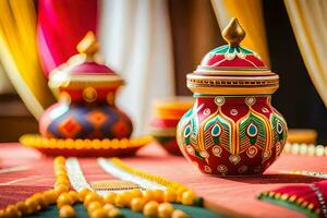 indiano Casamento decoração com colorida vasos e guirlandas. gerado por IA foto