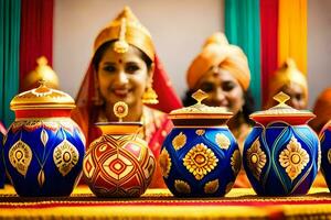 uma grupo do mulheres dentro tradicional indiano roupas estão segurando colorida vasos. gerado por IA foto