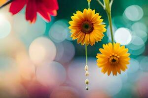 amarelo flores suspensão a partir de uma ramo com uma borrado fundo. gerado por IA foto