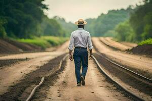 uma homem dentro uma chapéu anda em baixa uma Ferrovia acompanhar. gerado por IA foto