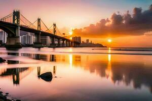 a Sol conjuntos sobre uma ponte e cidade Horizonte. gerado por IA foto