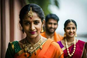 uma mulher dentro a laranja sari com dela família. gerado por IA foto