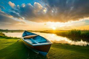 uma barco em a lago às pôr do sol. gerado por IA foto