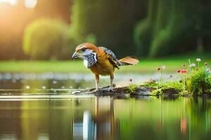 uma pássaro é em pé em uma Rocha perto uma lago. gerado por IA foto