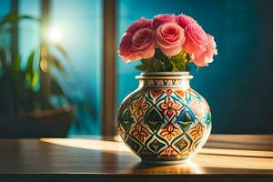 Rosa rosas dentro uma vaso em uma mesa. gerado por IA foto