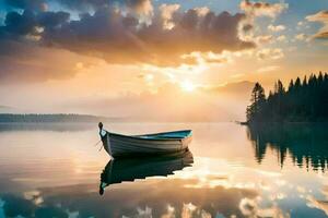 uma barco senta em a água às pôr do sol. gerado por IA foto
