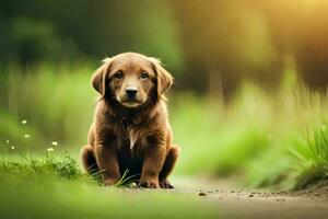 uma cachorro sentado em a terra dentro uma campo. gerado por IA foto