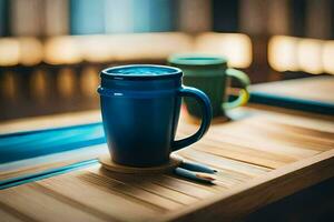 dois azul café canecas sentar em uma de madeira mesa. gerado por IA foto