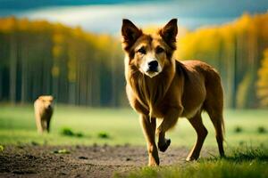 uma cachorro corrida em uma sujeira estrada dentro a meio do uma campo. gerado por IA foto