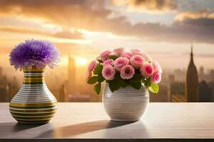 dois vasos com flores em uma mesa com uma cidade dentro a fundo. gerado por IA foto