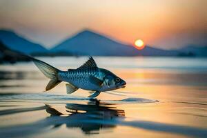 uma peixe é caminhando em a de praia às pôr do sol. gerado por IA foto