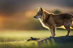 uma cachorro carrinhos em uma Colina dentro a pôr do sol. gerado por IA foto