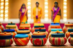 colorida panelas com pessoas dentro tradicional saris. gerado por IA foto