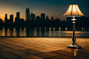 uma luminária em uma mesa dentro frente do uma cidade Horizonte. gerado por IA foto