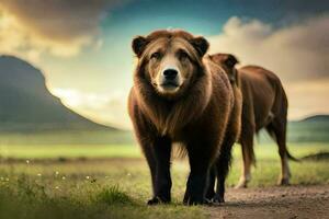 uma Castanho Urso caminhando em uma sujeira estrada. gerado por IA foto