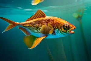 uma peixe natação dentro a água com uma verde plantar. gerado por IA foto