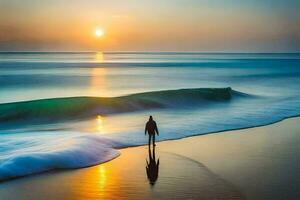 uma homem em pé em a de praia às pôr do sol. gerado por IA foto