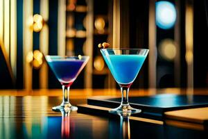 dois martini óculos com azul e roxa bebidas em uma mesa. gerado por IA foto