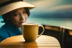 uma mulher dentro uma chapéu sentado às uma mesa com uma café copo. gerado por IA foto