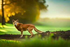 foto papel de parede a cachorro, natureza, a floresta, a sol, a grama, a campo,. gerado por IA