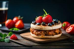 uma Hamburger com bagas e uma vidro do cerveja. gerado por IA foto