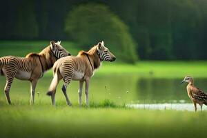 três zebras em pé Próximo para uma pássaro dentro a grama. gerado por IA foto