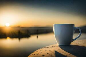 café copo em a Beira do a rio, nascer do sol, a sol, a horizonte, h. gerado por IA foto