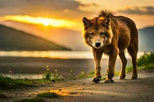 uma Lobo caminhando em uma sujeira estrada às pôr do sol. gerado por IA foto