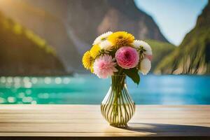 flores dentro uma vaso em uma mesa dentro frente do uma lago. gerado por IA foto