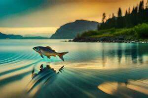 uma peixe pulando Fora do a água às pôr do sol. gerado por IA foto
