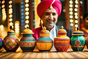 indiano homem dentro turbante segurando colorida potes. gerado por IA foto