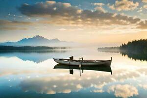 uma barco senta em a calma água do uma lago. gerado por IA foto