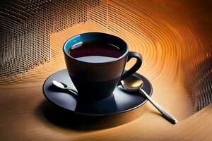 uma copo do café em uma pires com uma colher. gerado por IA foto