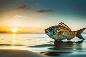 uma peixe é em pé em a de praia às pôr do sol. gerado por IA foto