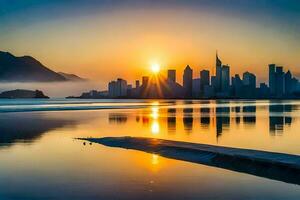 a Sol sobe sobre uma cidade Horizonte dentro a meio do uma lago. gerado por IA foto