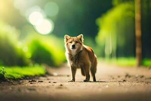 uma cachorro em pé em uma sujeira estrada dentro a meio do uma floresta. gerado por IA foto