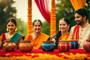 uma família do indiano Casamento convidados. gerado por IA foto
