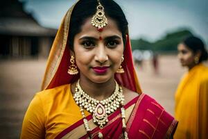 uma mulher dentro uma tradicional sari poses para uma foto. gerado por IA foto