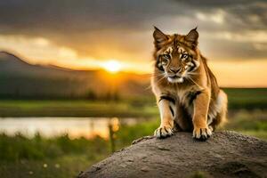 uma tigre sentado em uma Rocha dentro frente do uma pôr do sol. gerado por IA foto