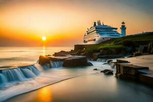 a cruzeiro navio é dentro a primeiro plano do a foto. gerado por IA foto