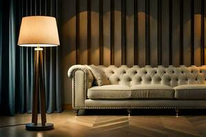 uma moderno vivo quarto com uma sofá e lâmpada. gerado por IA foto